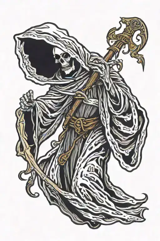 The Grim Reaper, depicted in a traditional style, cloaked in dark robes. You might want to have the hood pulled back sli tattoo design idea