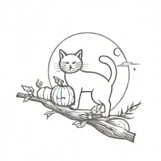 Cat riding rustic witches broom in front of the moon over a pumpkin patch tattoo design idea