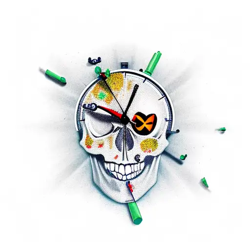 skull with bullet hole and clock tattoo design idea