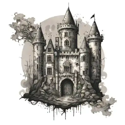 A post-apocalyptic European castle with a history-inspired design tattoo design idea