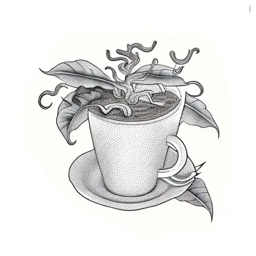 A surrealistic scene of a coffee plant growing out of a coffee cup tattoo design idea