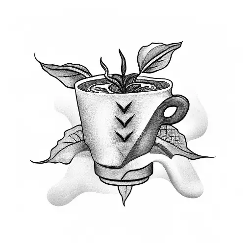 A surrealistic scene of a coffee plant growing out of a coffee cup tattoo design idea