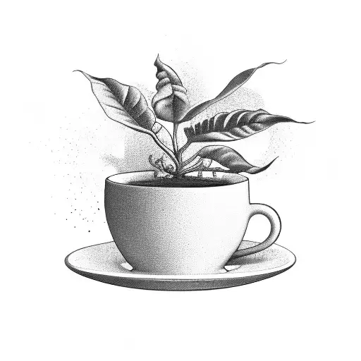 A surrealistic scene of a coffee plant growing out of a coffee cup tattoo design idea