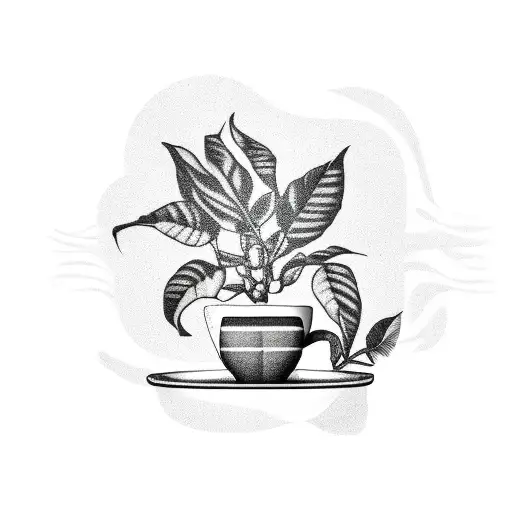 A surrealistic scene of a coffee plant growing out of a coffee cup tattoo design idea