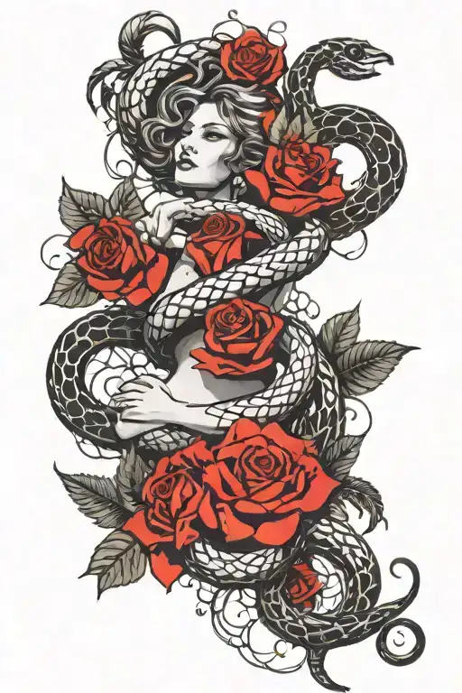 greek goddess snake and roses leaves tattoo design idea