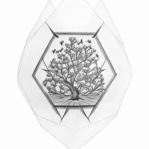 vertical rhombus tattoo with pecan tree and a bluebonnet flowers, tattoo design idea