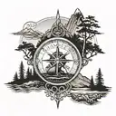 Viking compass with mountains, trees and viking ship tattoo design idea