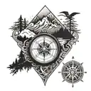 Viking compass with mountains, trees and viking ship tattoo design idea