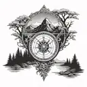 Viking compass with mountains, trees and viking ship tattoo design idea
