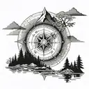 Viking compass with mountains, trees and viking ship tattoo design idea