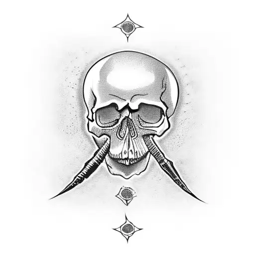 A skull with a scrimshaw pattern etched into it. The skull sits inside of a whiskey glass. Above the image "Sine Metu" tattoo design idea