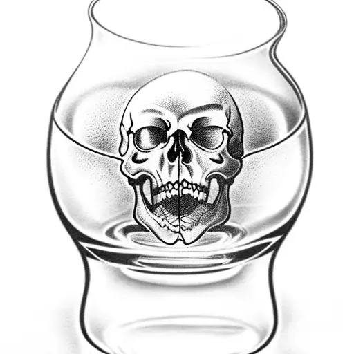 Scrimshaw Skull inside a whiskey glass. Above it the words "Sine Metu" and below it the words "Last Call" tattoo design idea
