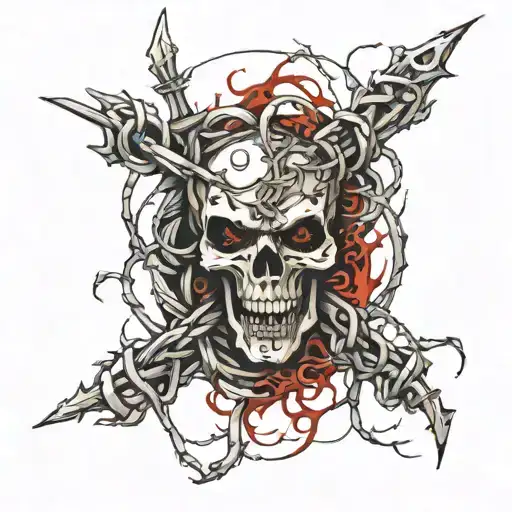Barbed wire rips the flesh, nordic numerals intertwined, demon, dark, gothic, fantasy tattoo design idea