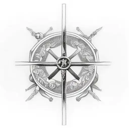 allegory of the four cardinal virtues as women, with a Christian cross in the background. tattoo design idea