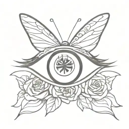 eye with a heart as a pupil with butterfly wings attached with monte written in cursive around it and roses with thorns tattoo design idea