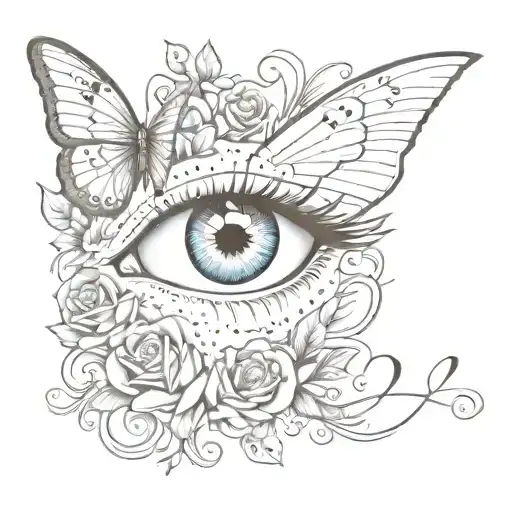eye with a heart as a pupil with butterfly wings attached with monte written in cursive around it and roses with thorns tattoo design idea