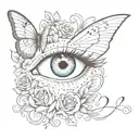 eye with a heart as a pupil with butterfly wings attached with monte written in cursive around it and roses with thorns tattoo design idea