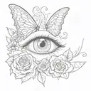 eye with a heart as a pupil with butterfly wings attached with monte written in cursive around it and roses with thorns tattoo design idea