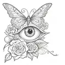 eye with a heart as a pupil with butterfly wings attached with monte written in cursive around it and roses with thorns tattoo design idea