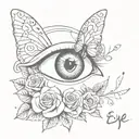 eye with a heart as a pupil with butterfly wings attached with monte written in cursive around it and roses with thorns tattoo design idea