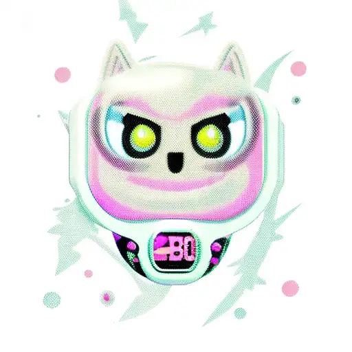 Bratz themed tamagotchi with a cybersigil design in the background. In the color pink and black tattoo design idea