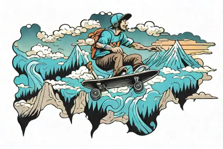 A surrealistic tattoo of a skateboarder riding through a beautiful mountain landscape with vape clouds in the sky tattoo design idea