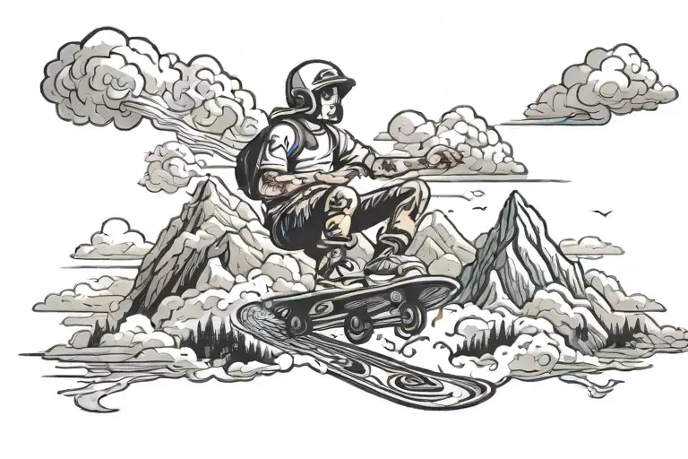 A surrealistic tattoo of a skateboarder riding through a beautiful mountain landscape with vape clouds in the sky tattoo design idea