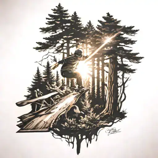 A realism tattoo of a skateboarder carving through a forest trail with the sun shining through the trees tattoo design idea