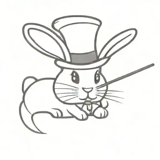 an illusionist bunny wearing a magician's hat and it has a magic stick on it's back  tattoo design idea