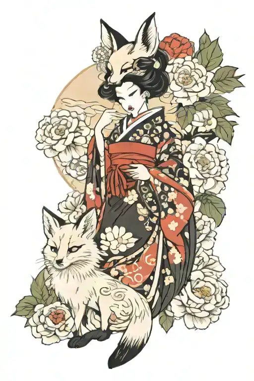 Japanese oiran, white 9 tail fox, peonies, soft and feminine tattoo design idea