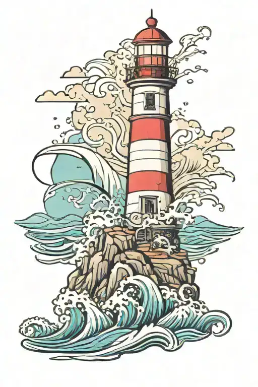 lighthouse standing tall amidst crashing waves tattoo design idea