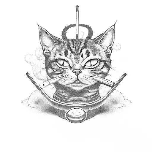 smoking cat demon with 3 eyes on a bicycle tattoo design idea