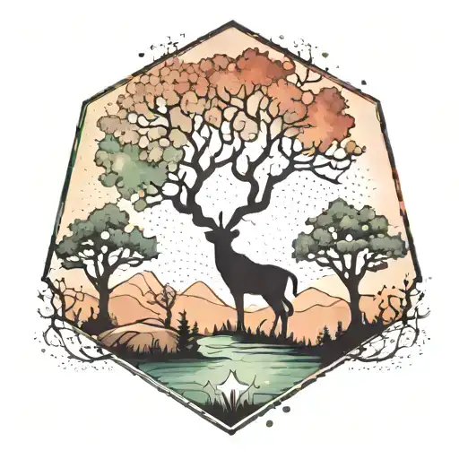 silhouette landscape trees with hexagon pattern above it with a sagittarius constellation all on a water color backgroun tattoo design idea