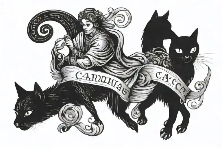 Four Cardinal Stoic Virtues Wisdom Temperance Justice Courage and Black cat tattoo design idea