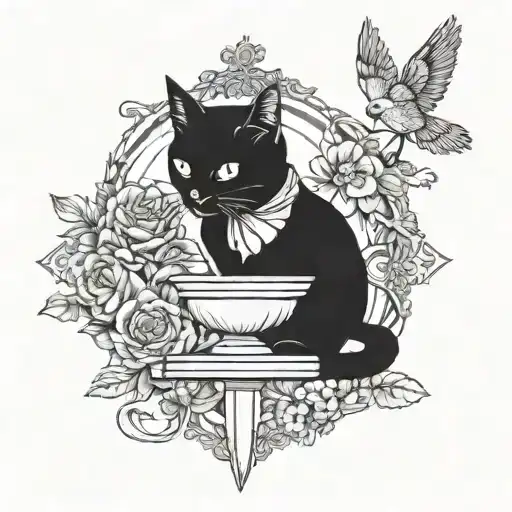 Four Cardinal Stoic Virtues Wisdom Temperance Justice Courage and Black cat tattoo design idea