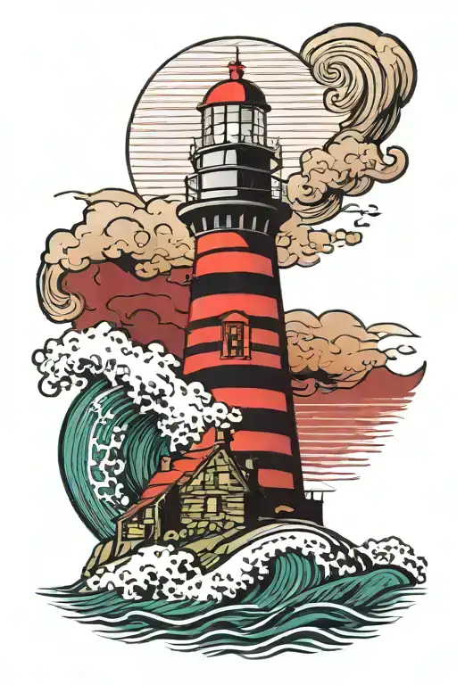 red and white diagonally striped lighthouse on a green shore line with rocks and blue waves under a black night sky  tattoo design idea