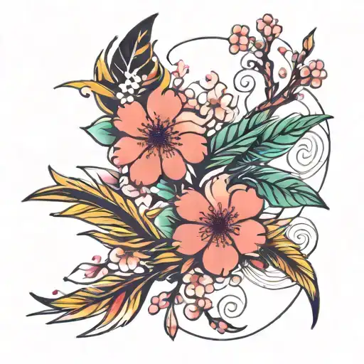 Sakura blossom, rainbow feathers horizontally  tattoo design idea