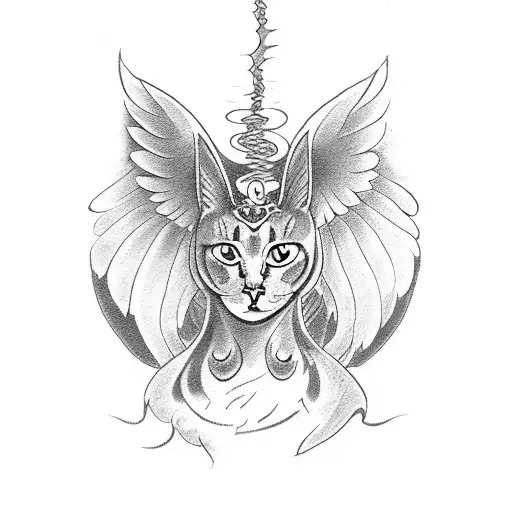 A cat with angel wings and a devil tail, representing the duality of gods and demons tattoo design idea