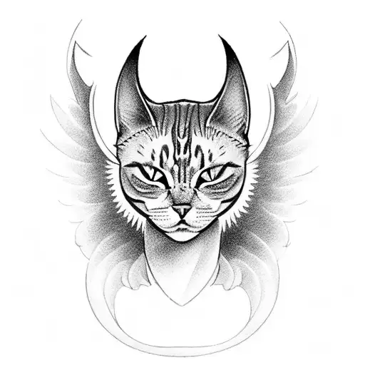 A cat with angel wings and a devil tail, representing the duality of gods and demons tattoo design idea