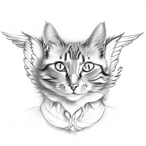 A cat with angel wings and a devil tail, representing the duality of gods and demons tattoo design idea