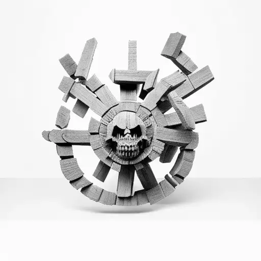 A black-grey tattoo of a wooden sculpture depicting the joy of destruction and building tattoo design idea