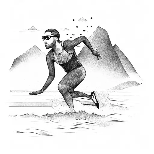 A dynamic composition showcasing a triathlon athlete running, swimming, and cycling against a backdrop of a beach and mountains tattoo design idea