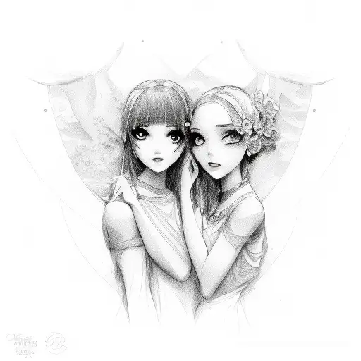 2 girls holding V creates M tattoo design idea