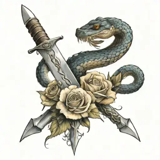 A detailed illustration of a snake shedding its skin to reveal a bouquet of flowers, with a sword cutting through the transformation, all reflected in a mirror tattoo design idea