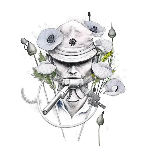 soldier leaning in gun head bowed pose with water colour style poppies and Australian Vietnam veteran colour ribbon tattoo design idea