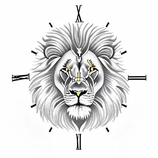 clock with lion tattoo design idea