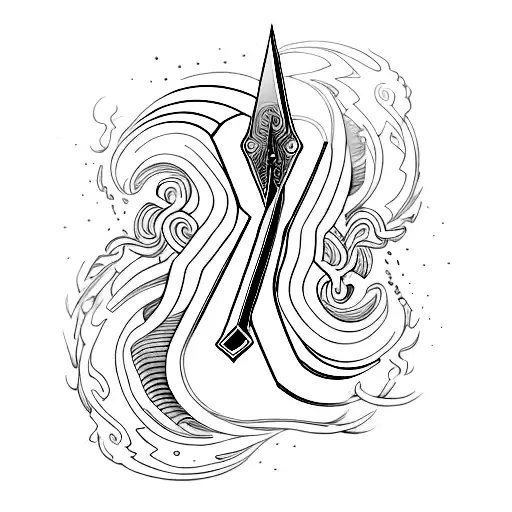 A sleek and futuristic formula 1 car racing across a detailed sword with swirling steam tattoo design idea