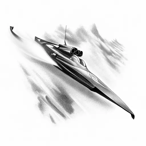 A sleek and futuristic formula 1 car racing across a detailed sword with swirling steam tattoo design idea