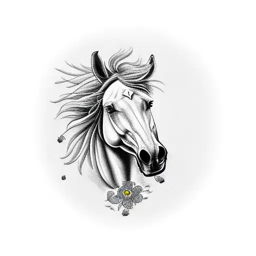 horse on a big flowerfield with a windmile tattoo design idea