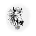 horse on a big flowerfield with a windmile tattoo design idea